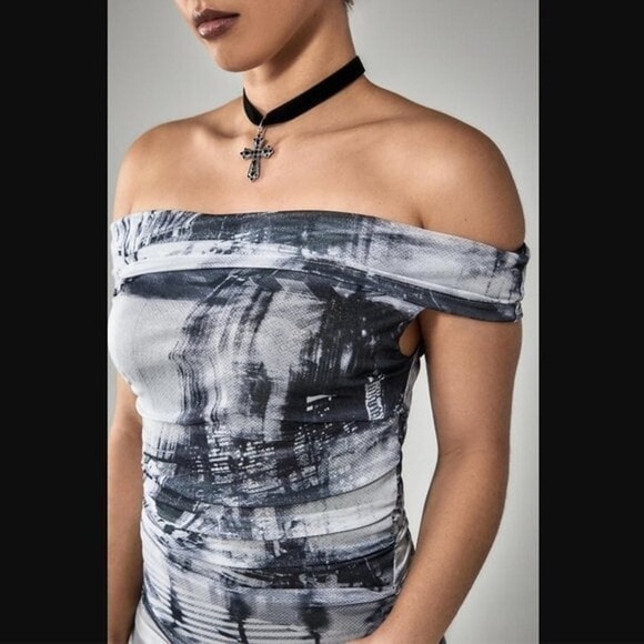 Silence + Noise Arianna Black & White Shimmer Asymmetrical Mini-Midi Dress Sz XL - Picture 15 of 16